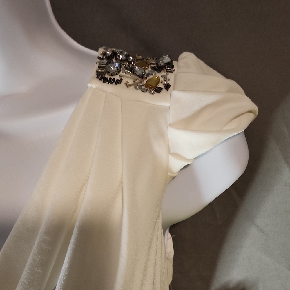 Suzi Chin for Maggy Boutique Cream Draped Midi Dress With Jewels - Picture 3 of 15